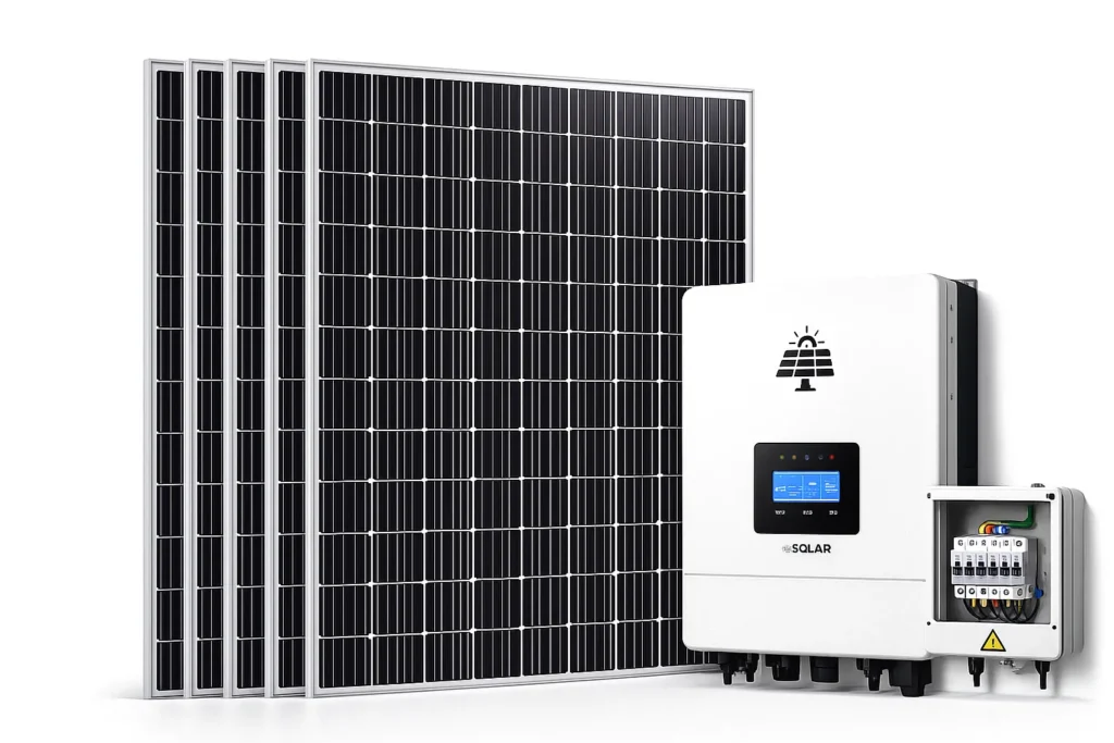 “3 kW solar panel system with inverter and electrical control unit”