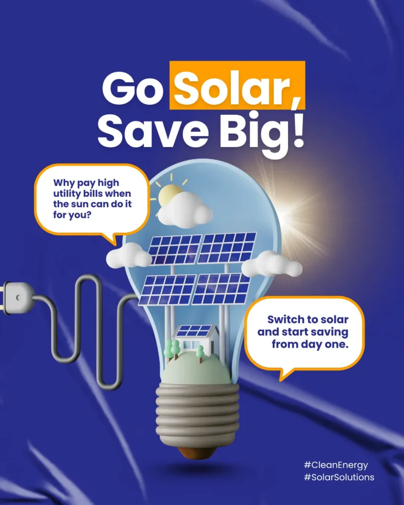 “Go solar save big concept showing a light bulb with solar panels symbolizing energy savings and clean power.”