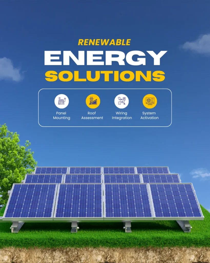 “Renewable energy solutions showing ground-mounted solar panels under a clear sky.”