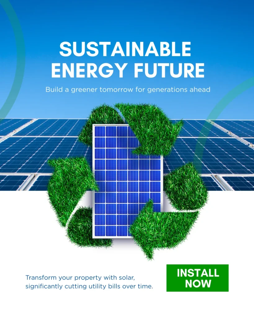 “Sustainable energy future concept showing solar panels with a green recycling symbol representing eco-friendly solar power.”