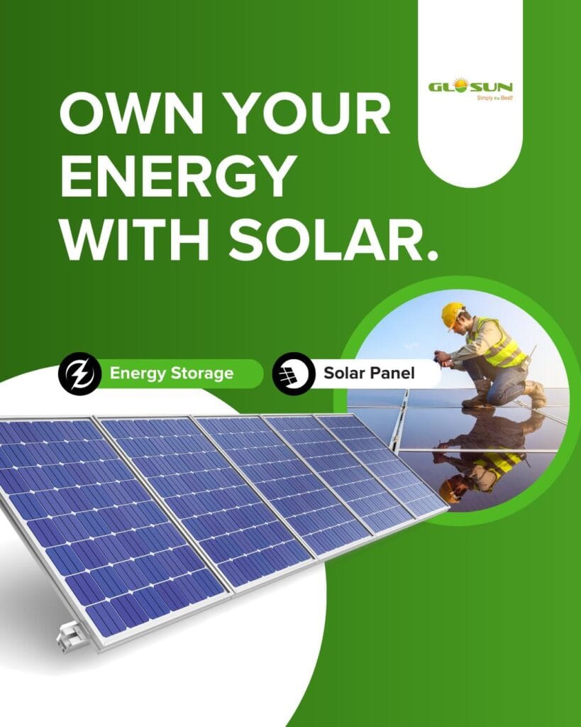 Commercial solar panels with technician installing rooftop system, promoting solar energy storage and solar panels for commercial use