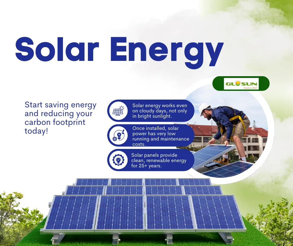 Solar energy installation with rooftop solar panels and technician working, highlighting clean renewable energy, low maintenance, and long-term power savings.