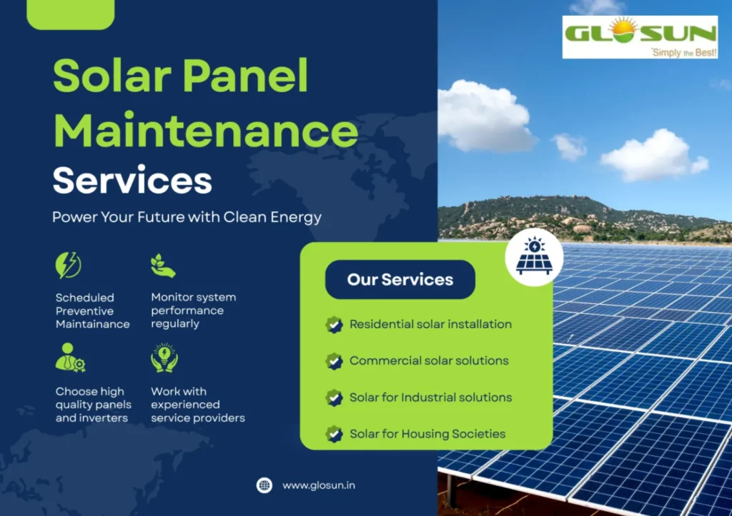 Solar panel maintenance services in India showing rooftop solar panels and Glosun residential and commercial solar solutions