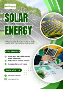 Solar energy promotional poster featuring rooftop solar panels, cost benefits list, and call-to-action for residential and commercial solar solutions.
