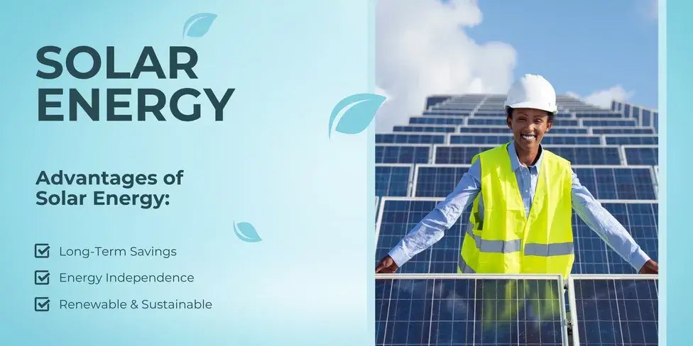 "GLOSUN solar energy promotional banner featuring a worker in safety gear standing beside solar panels, with text highlighting advantages of solar energy such as long‑term savings, energy independence, and renewable sustainability."