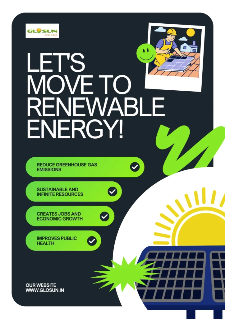 "Poster promoting renewable energy with solar panels, worker, and text ‘Let’s Move to Renewable Energy’ by GLOSUN."