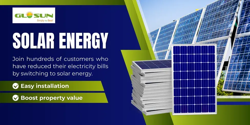"GLOSUN solar energy promotional banner with solar panels in background and foreground, highlighting benefits of switching to solar power. Includes text ‘Easy installation’ and ‘Boost property value’ along with slogan ‘Simply the Best!’ emphasizing sustainable energy solutions."