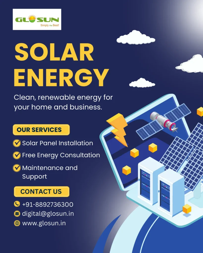 Illustrated buildings with rooftop solar panels, green plug icon, and text promoting clean renewable energy services by Glosun.