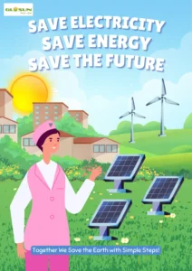 Woman standing near solar panels with message “Save Electricity, Save Energy, Save the Future” promoting clean solar energy for homes.