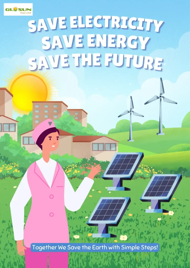 Woman standing near solar panels with message “Save Electricity, Save Energy, Save the Future” promoting clean solar energy for homes.