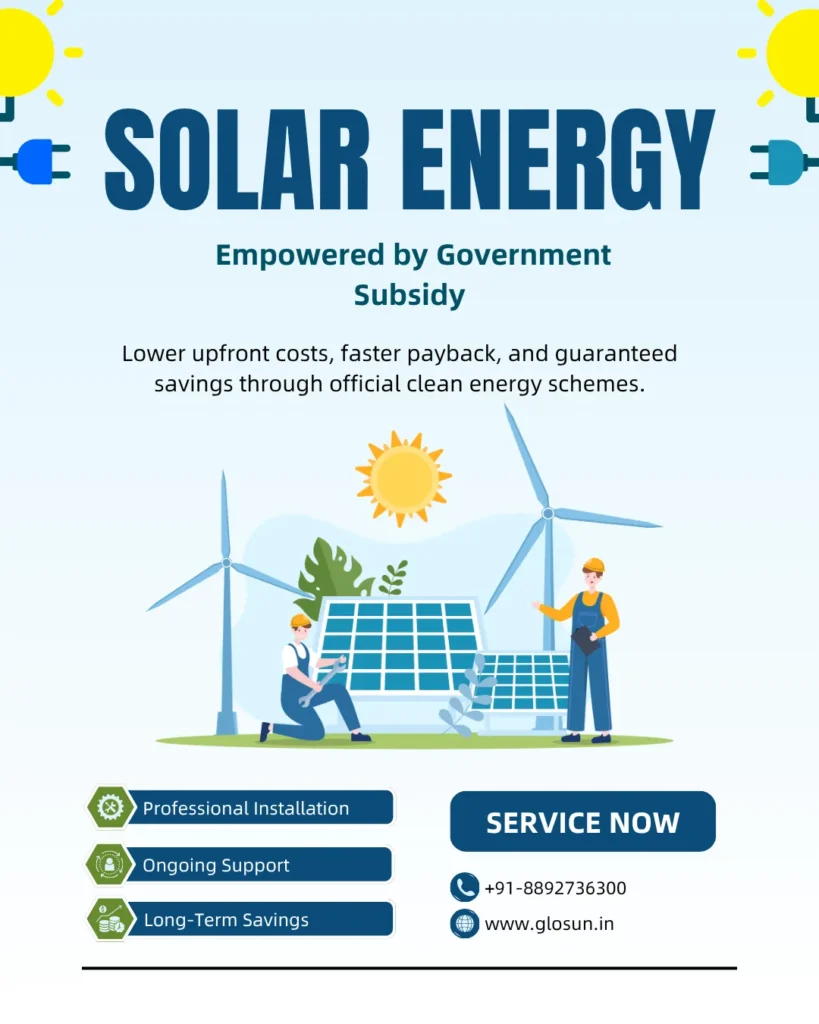 “Bright solar energy poster highlighting government subsidy benefits, rooftop savings, and eco‑friendly power solutions.”