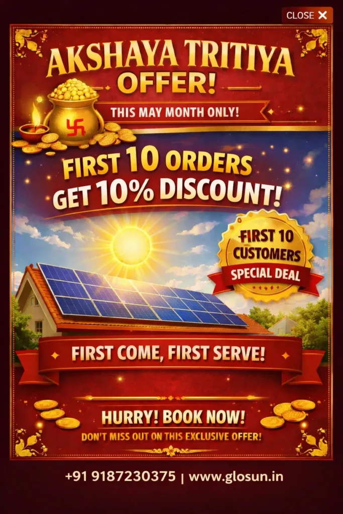 "Akshaya Tritiya solar offer poster with red and gold festive design, coins, Swastika symbol, shining sun above a house with solar panels. Text highlights limited‑time May promotion: first 10 orders get huge discounts, first‑come first‑serve, hurry and book now."