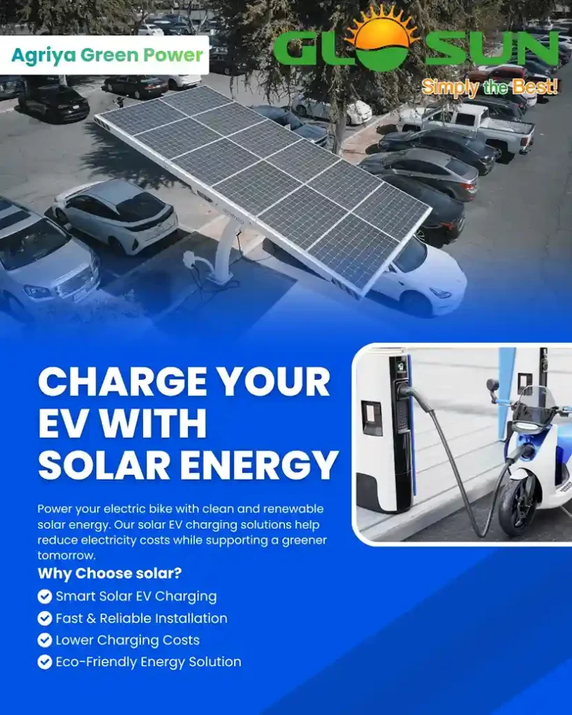 Solar EV charging station for bikes and cars with rooftop solar panels and clean energy charging solution by Agriya Green Power.