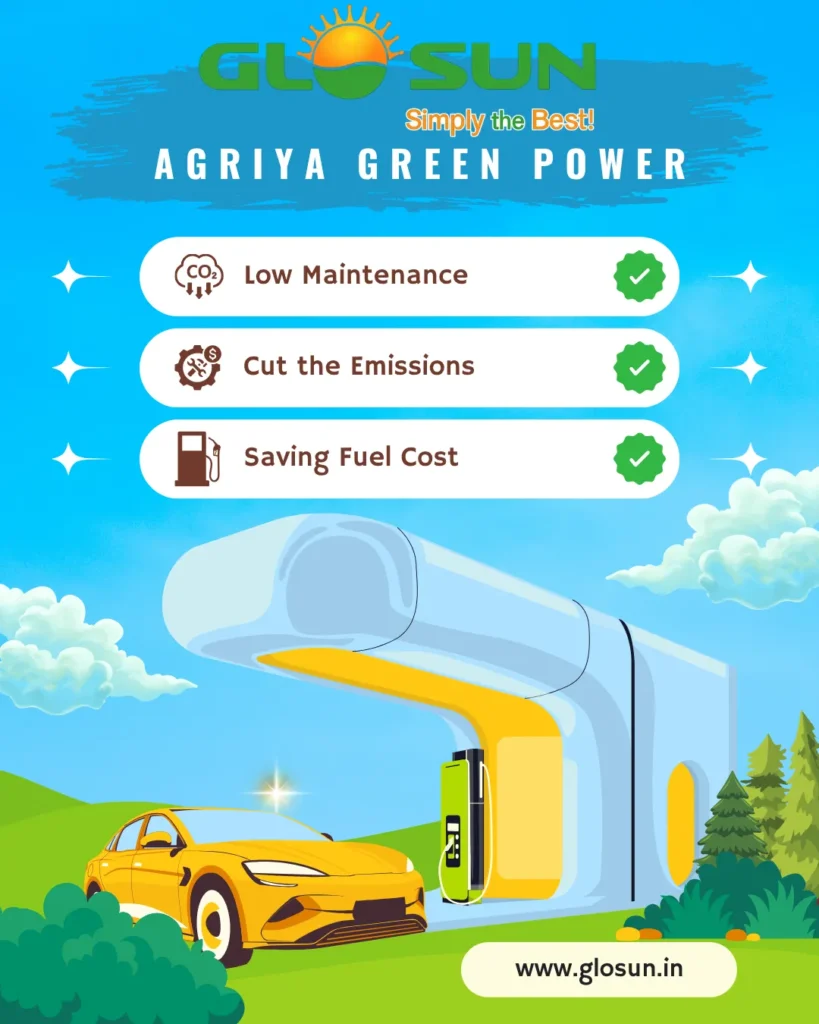 Benefits of solar EV charging station showing low maintenance, reduced emissions, and fuel cost savings for electric vehicles.