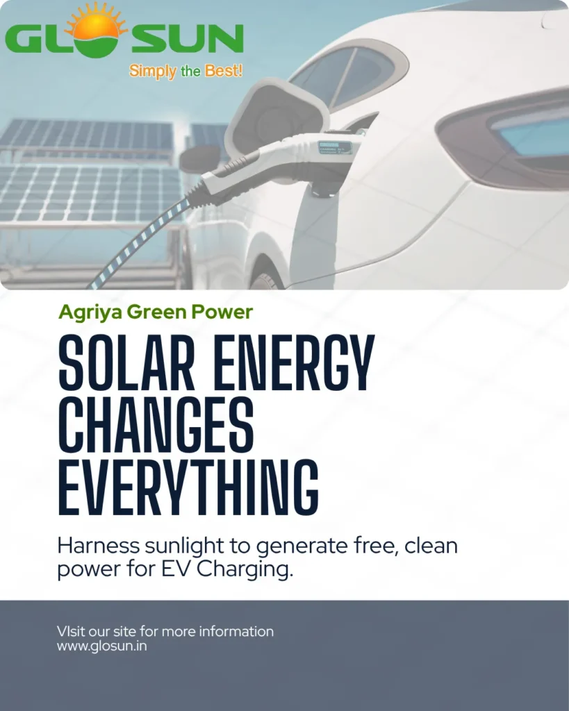 Solar energy powered EV car charging concept with clean renewable energy solution for electric vehicles by Agriya Green Power.