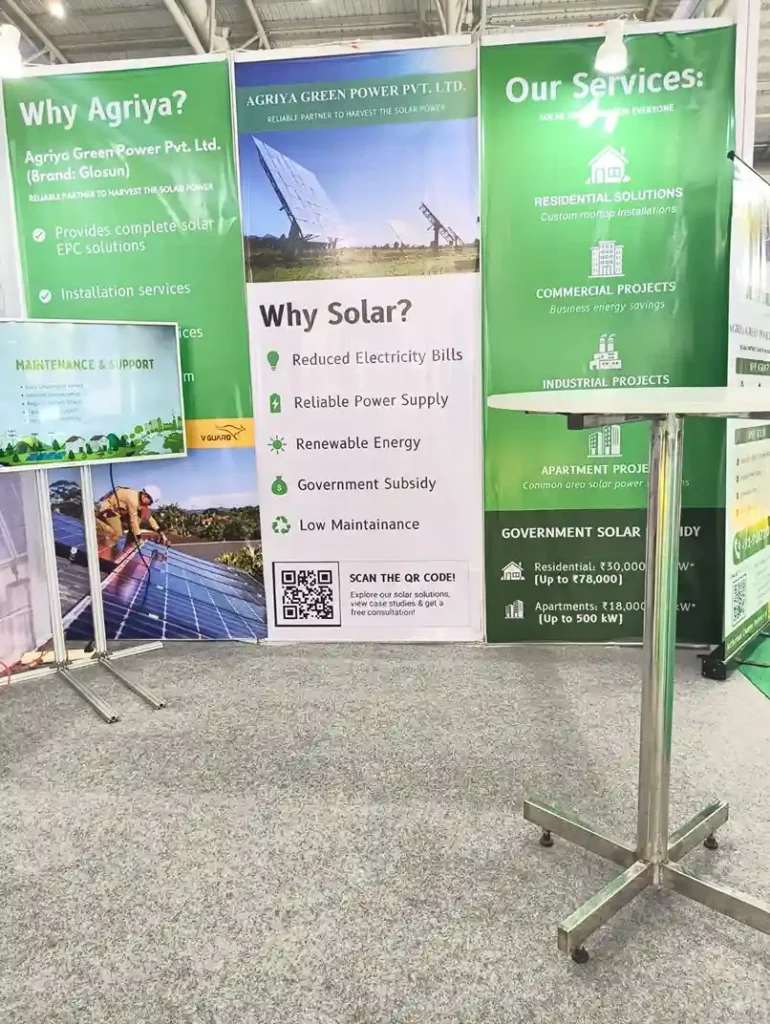 “Solar energy service banners displayed at Agriya Green Power expo stall”
