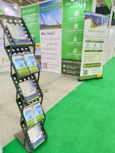 “Solar brochures and product display at Agriya Green Power renewable energy exhibition”