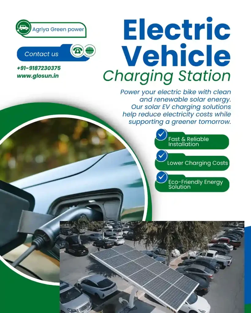 Electric vehicle charging station powered by solar energy with EV car charging setup and sustainable solar EV solutions in India.